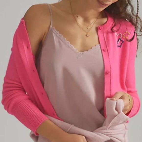 White + Warren x Anthropologie Starry Cashmere S Pink Embroidered Cardi Cardigan - Picture 2 of 9